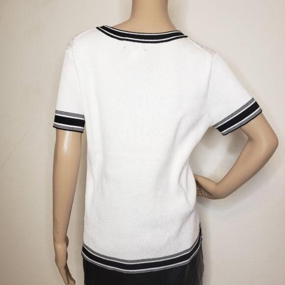 Karl Lagerfeld Paris NWT White & Black Knit Short-Sleeve Top Ribbed Trim Detail - Picture 6 of 12